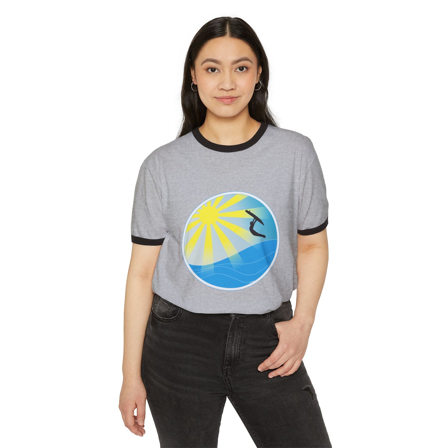 Surf Circle Ringer T-Shirt – Sunny Wave & Surfer Graphic