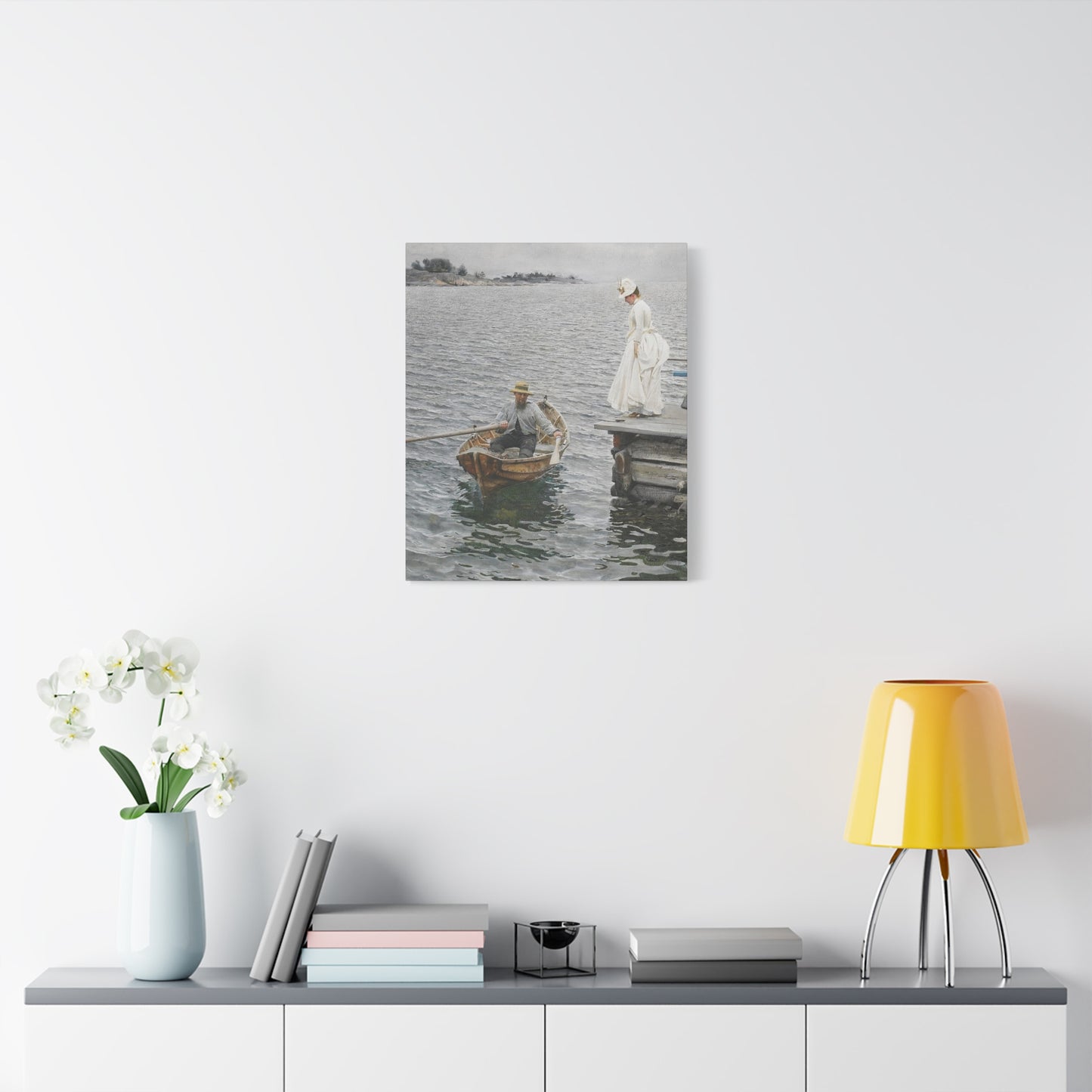 Seaside Stroll Canvas Print — Vintage Woman & Rowboat Matte Stretched Art 1.25"
