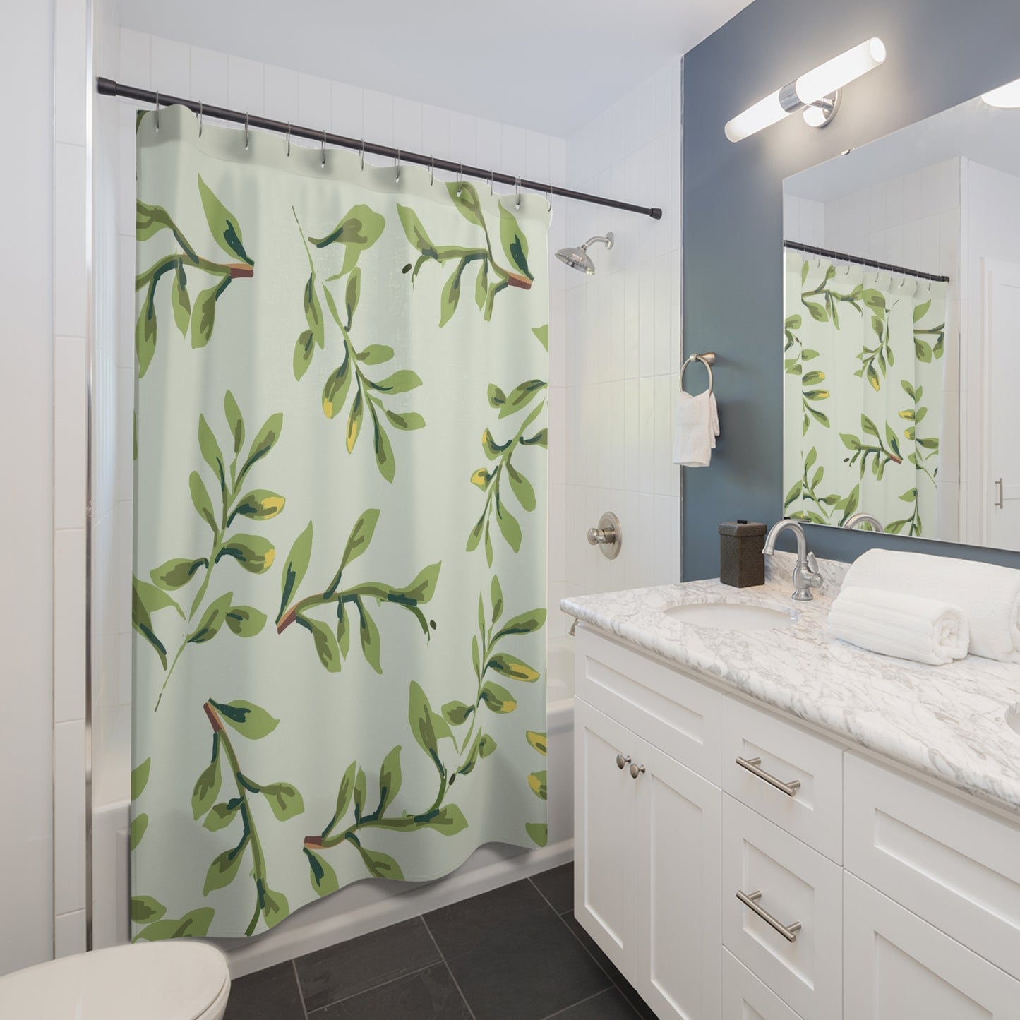 Botanical Olive Branch Shower Curtain — Green Leaf Bathroom Decor