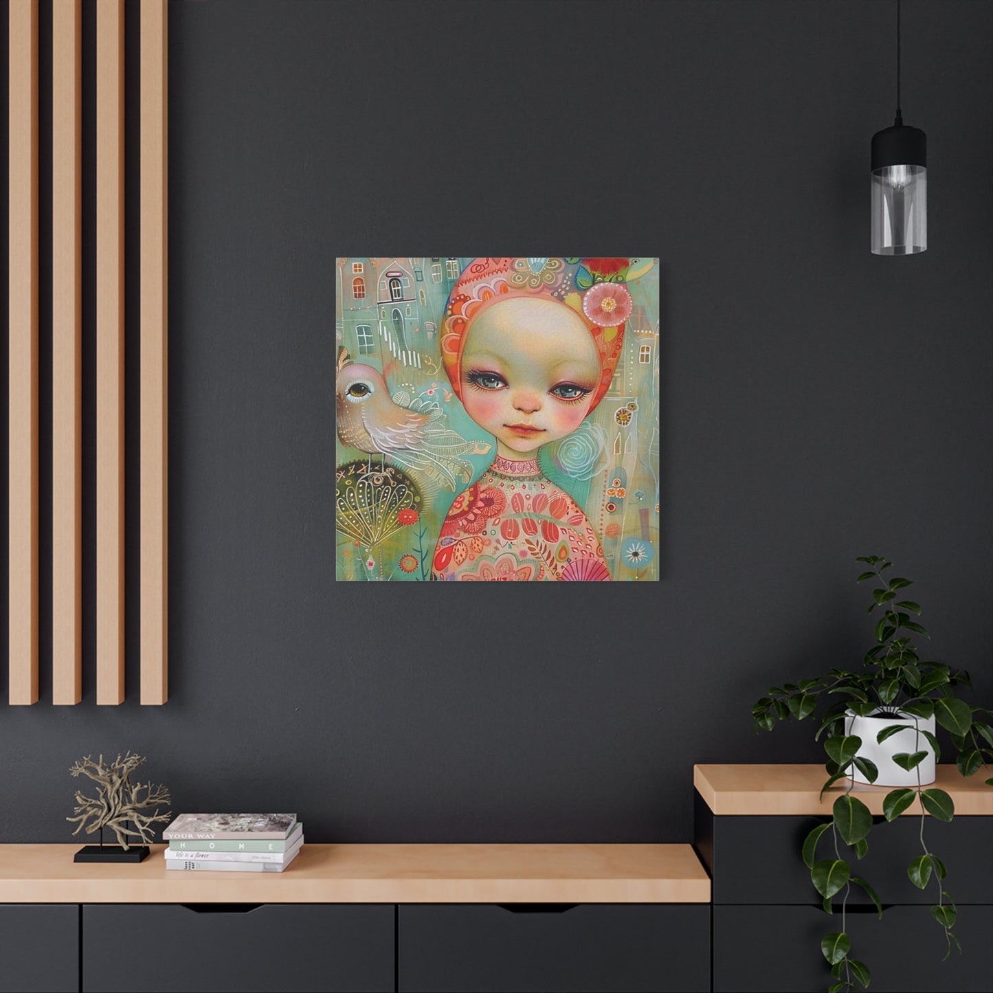 Whimsical Girl & Bird Matte Canvas Wall Art — Stretched Decorative Painting