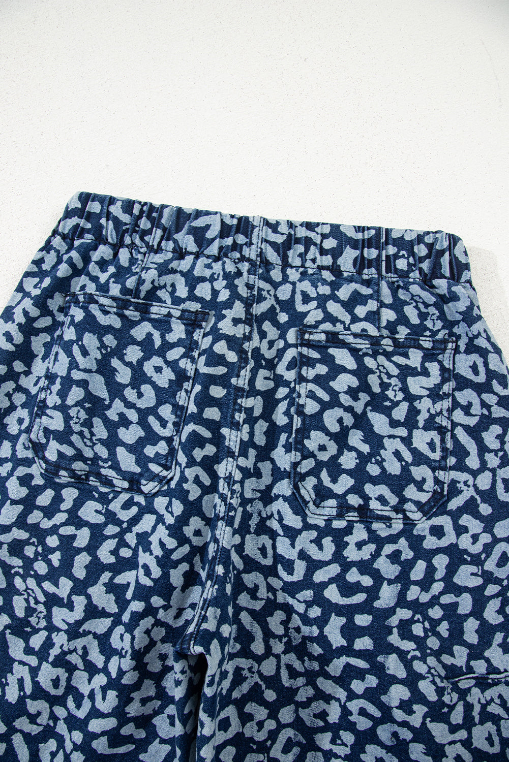 Blue Leopard Printed Drawstring Elastic Waistband Pocketed Barrel Jeans