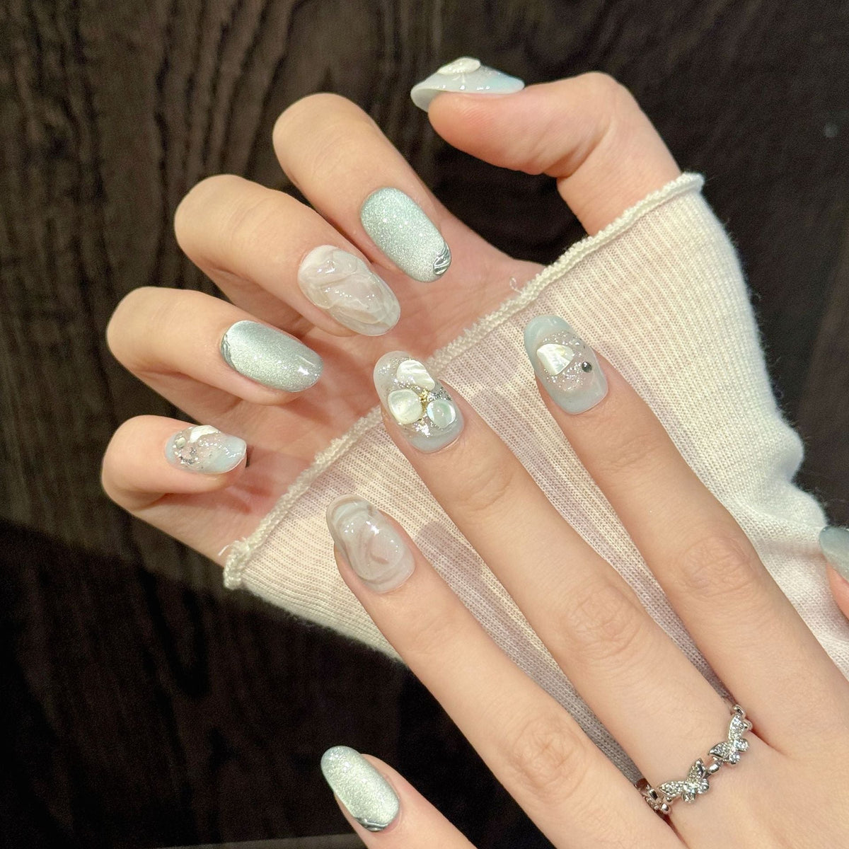 Blue Pearl Glow Marble Elegant Fresh Press On Nails – Image 3