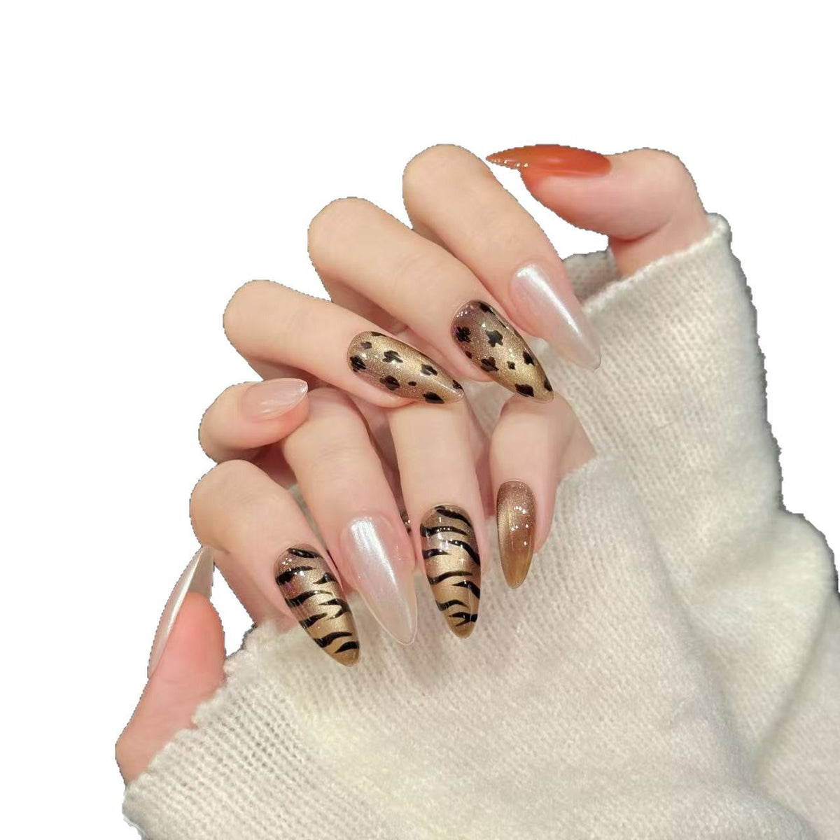 Pearl Nude Animal Print Gold Glam Press On Nails – Image 4