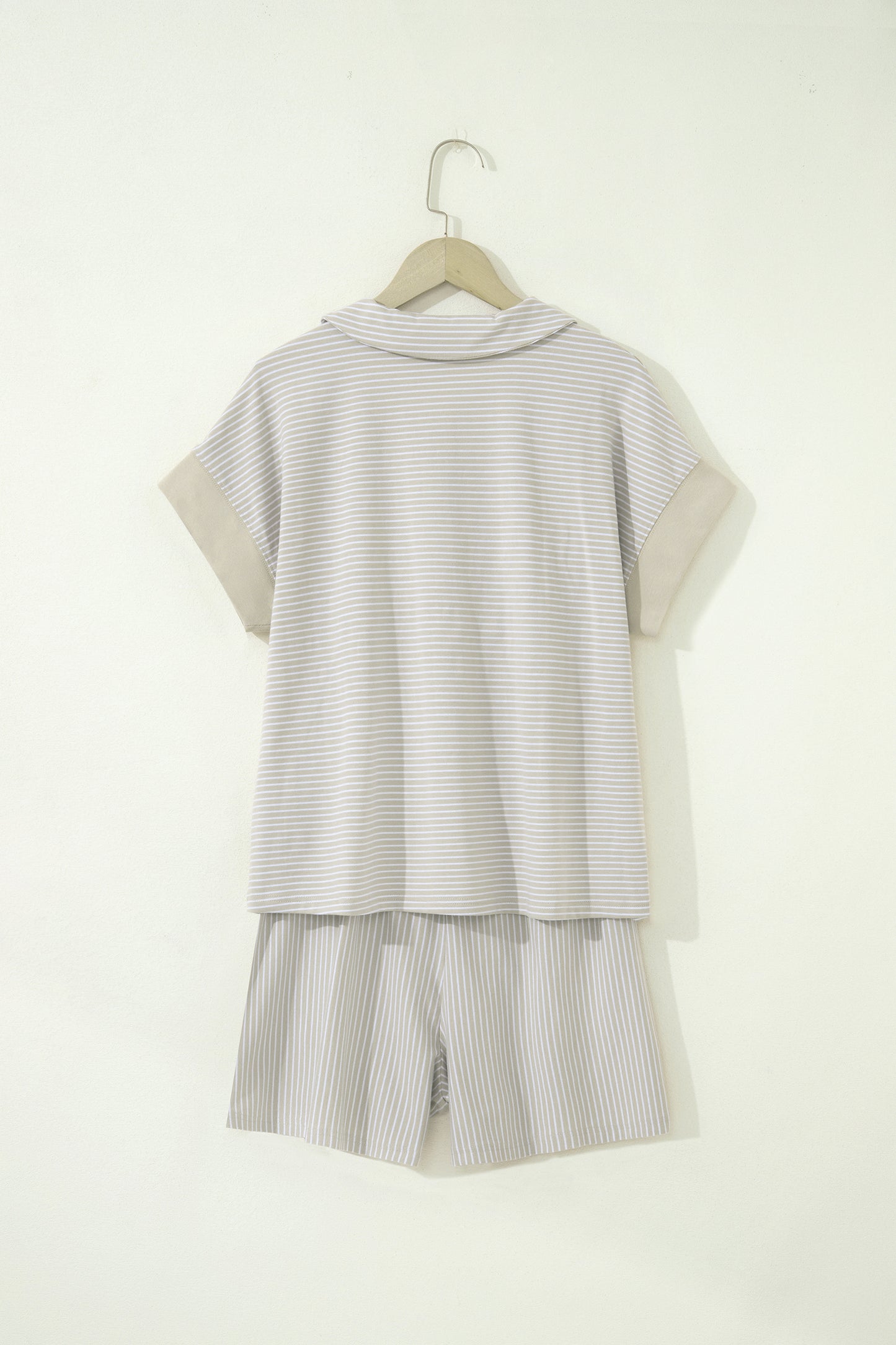 Khaki Stripe Dolman Sleeve Polo Shirt and Drawstring Shorts Set