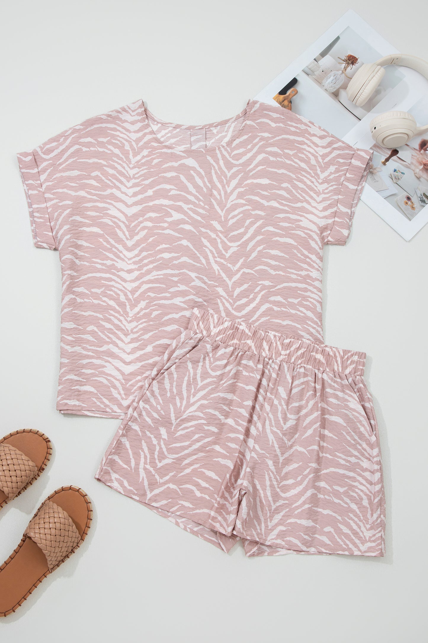 Abstract Print Cuffed Short Sleeve Loose Top Short Set