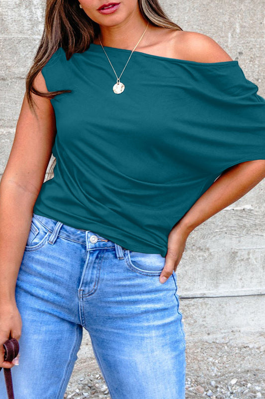 Blue Sapphire Plus Size Solid Color Asymmetric Neck Short Sleeve Blouse