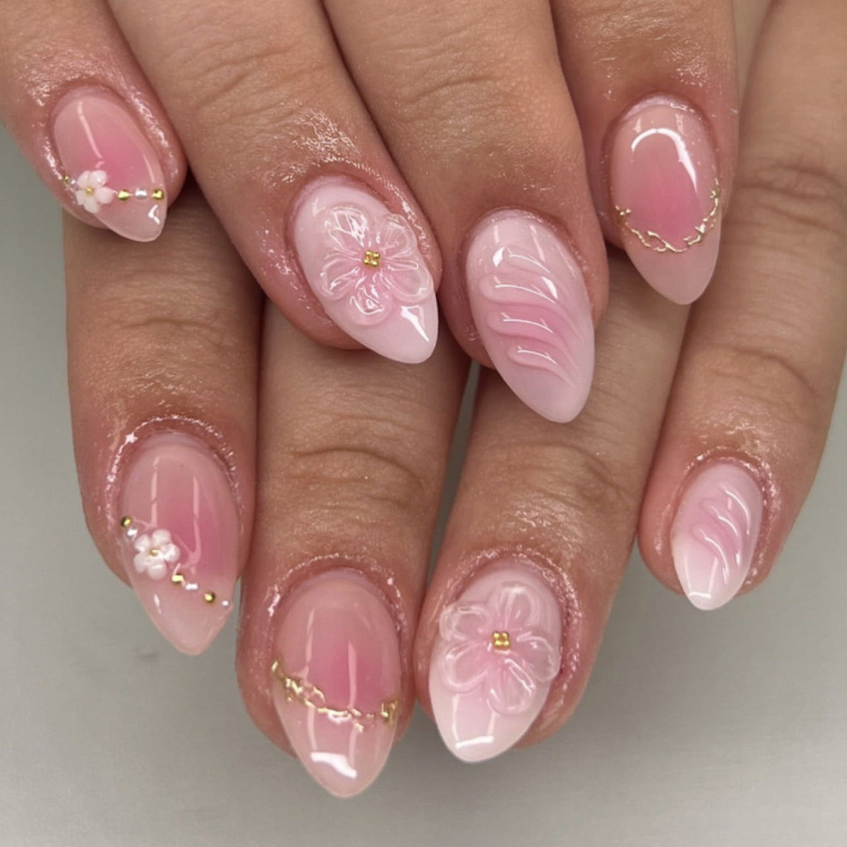 Pink 3D Floral Press On Nails Sweet Girly Design