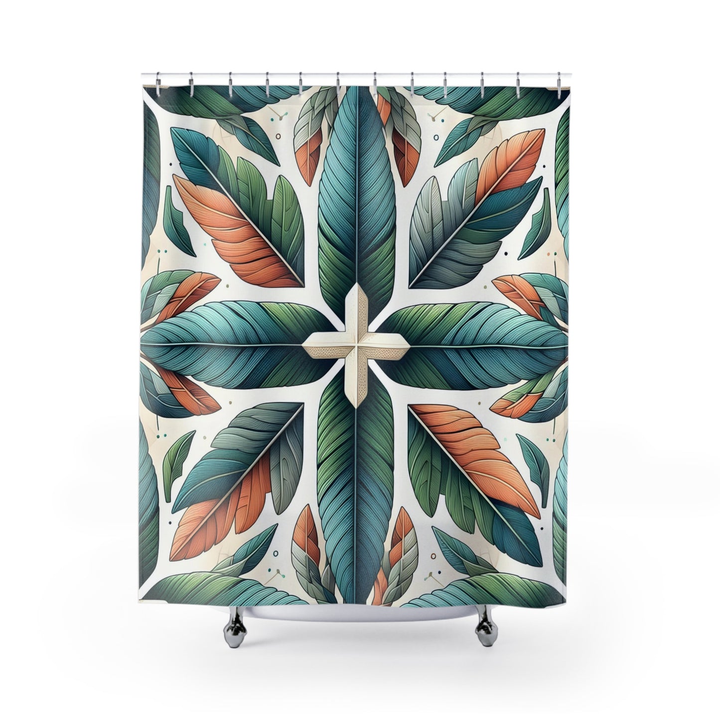 Tropical Leaf Shower Curtain — Boho Green & Terracotta Botanical Bathroom Decor