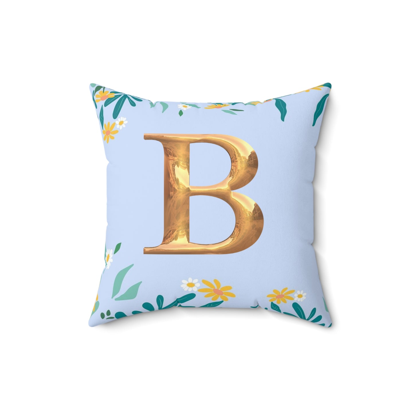 Floral Border Square Pillow — Light Blue Daisy Accent Cushion