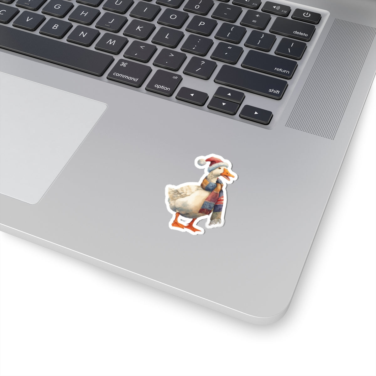 Festive Goose Kiss-Cut Sticker — Holiday Duck with Santa Hat & Cozy Scarf