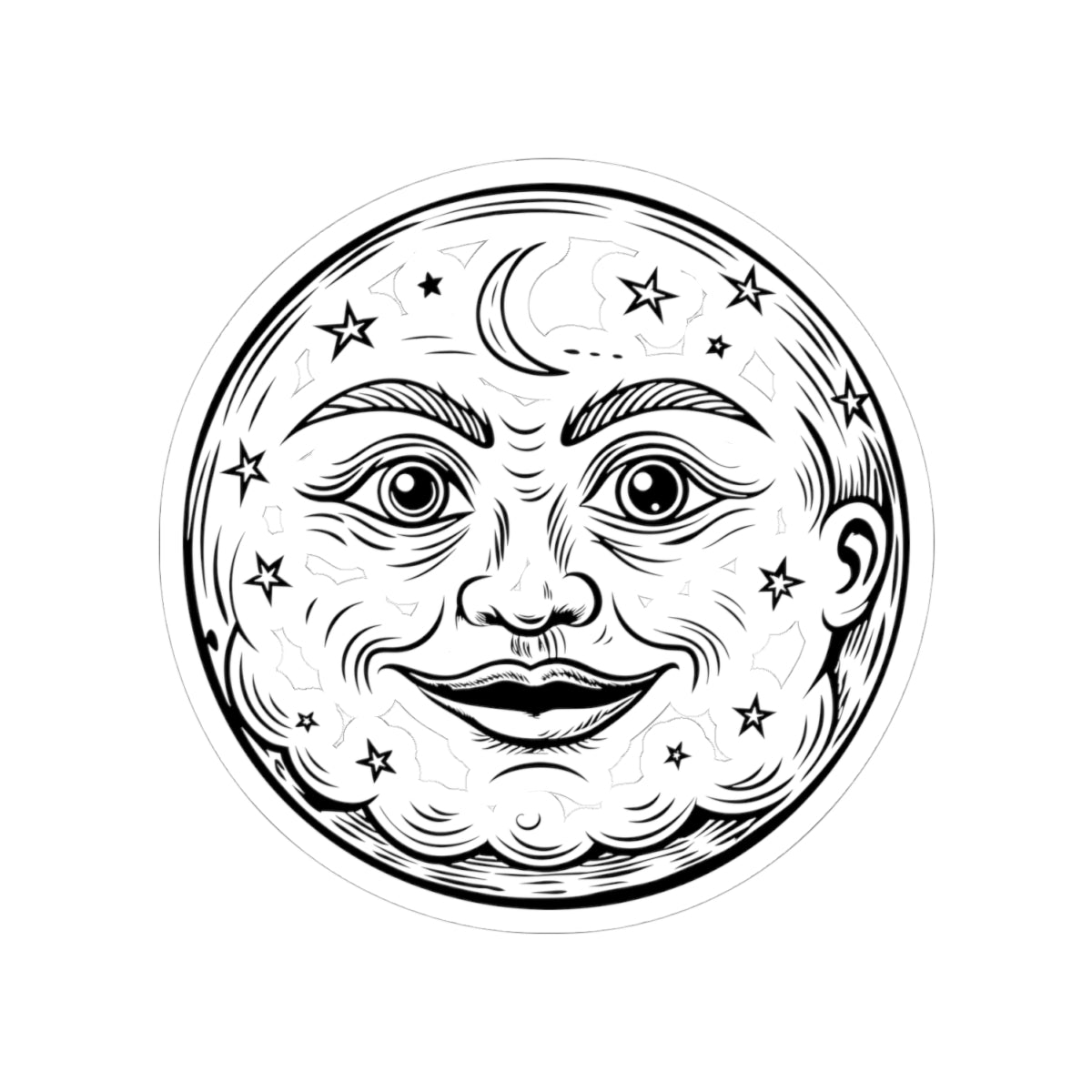 Vintage Moon Face Kiss-Cut Sticker — Celestial Stars & Crescent Design