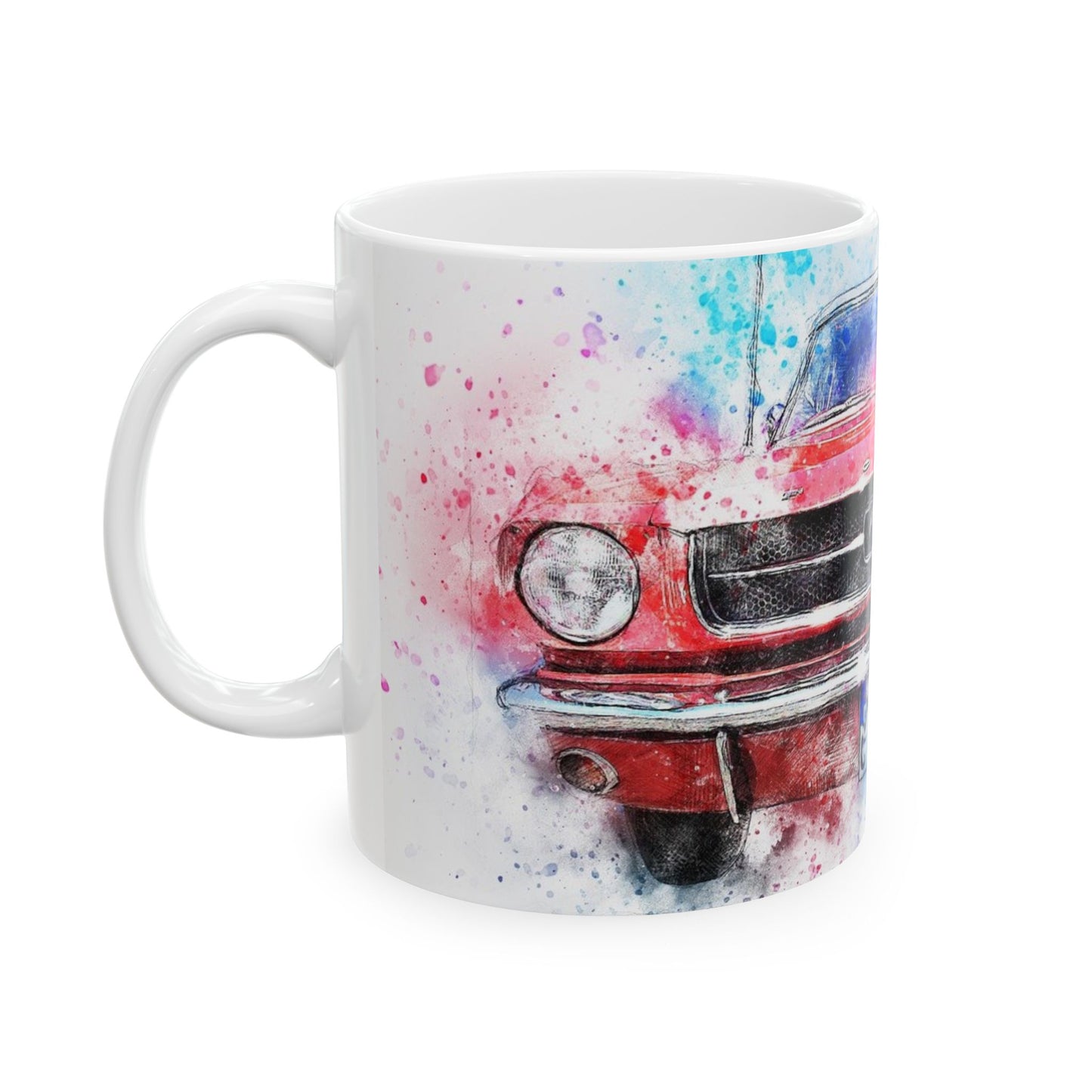 Mustang Front Grill Watercolor Ceramic Mug — Car Enthusiast Coffee Cup (11oz/15oz)