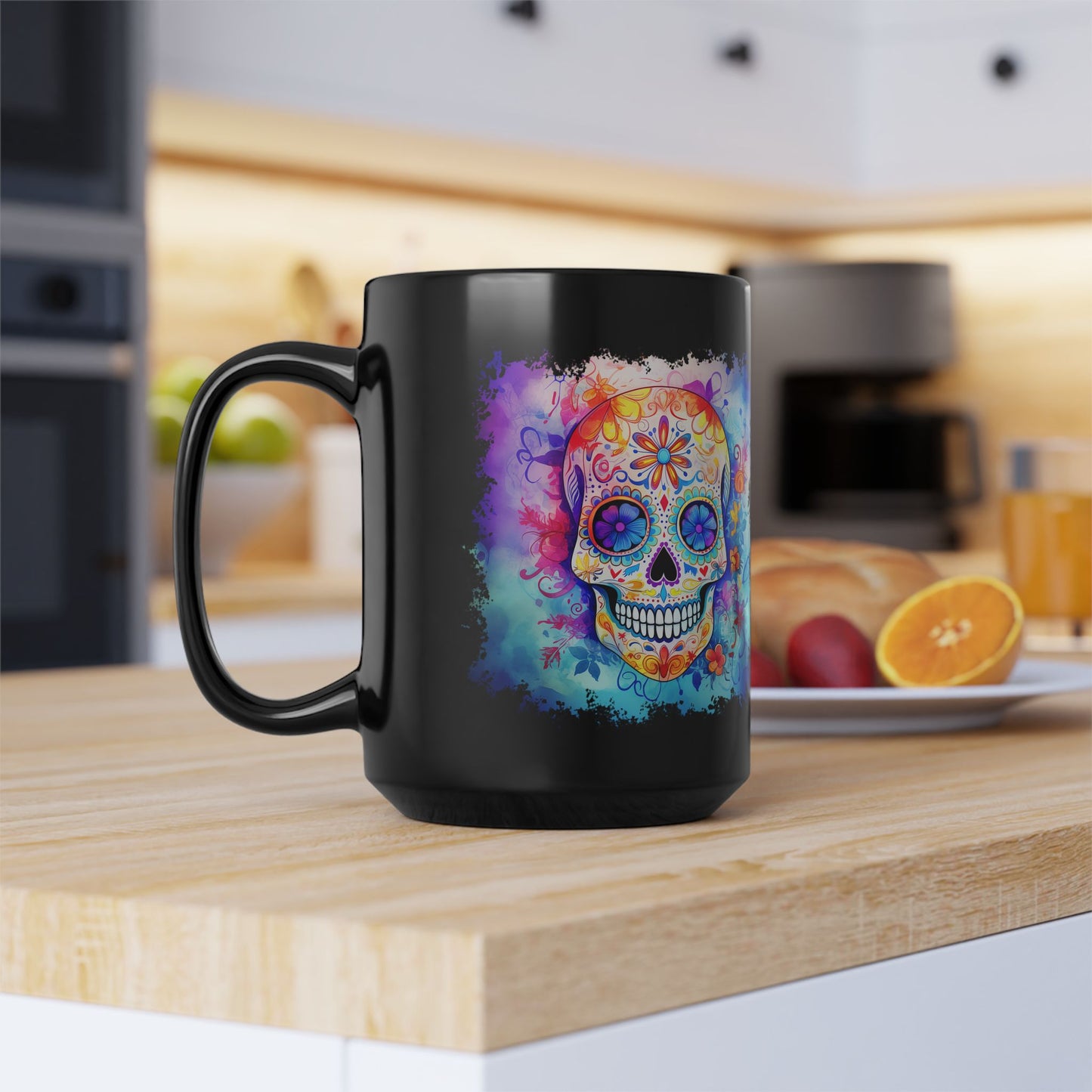 15oz Black Mug — Colorful Watercolor Sugar Skull Coffee Cup