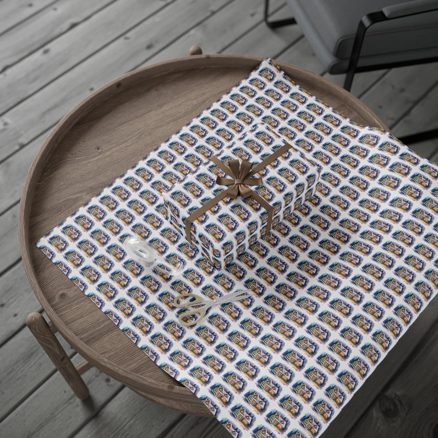 Wrapping Paper — Festive Village House Pattern Gift Wrap (Holiday & Christmas)