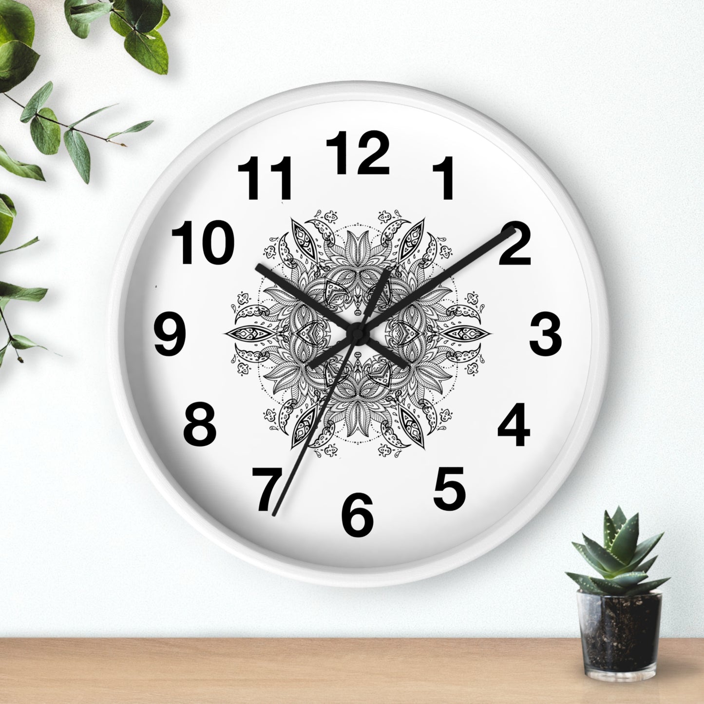 Mandala Wall Clock — Black & White Floral Boho Home Décor