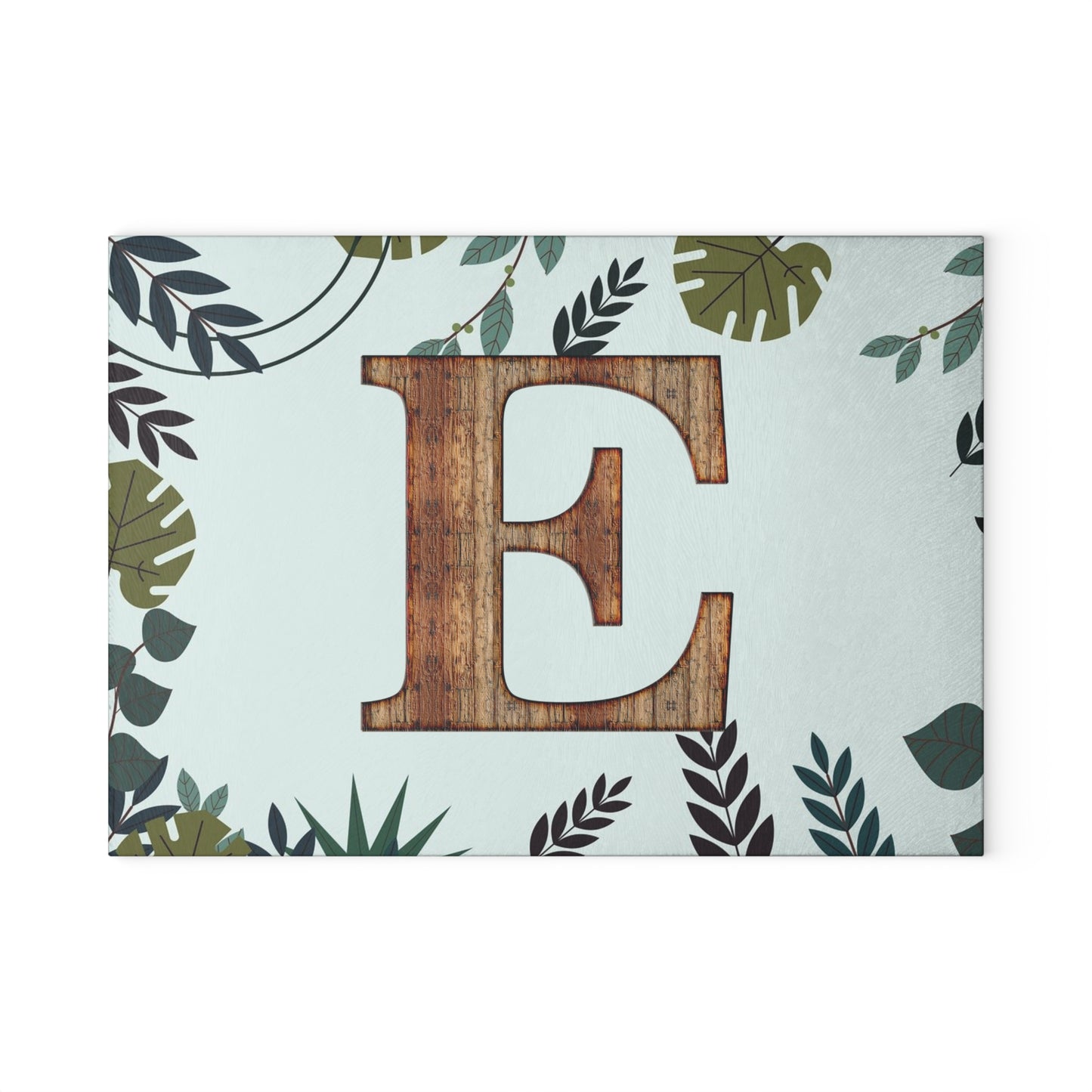 Monogram Glass Cutting Board — Rustic Wood ‘E’ with Tropical Leaf Border