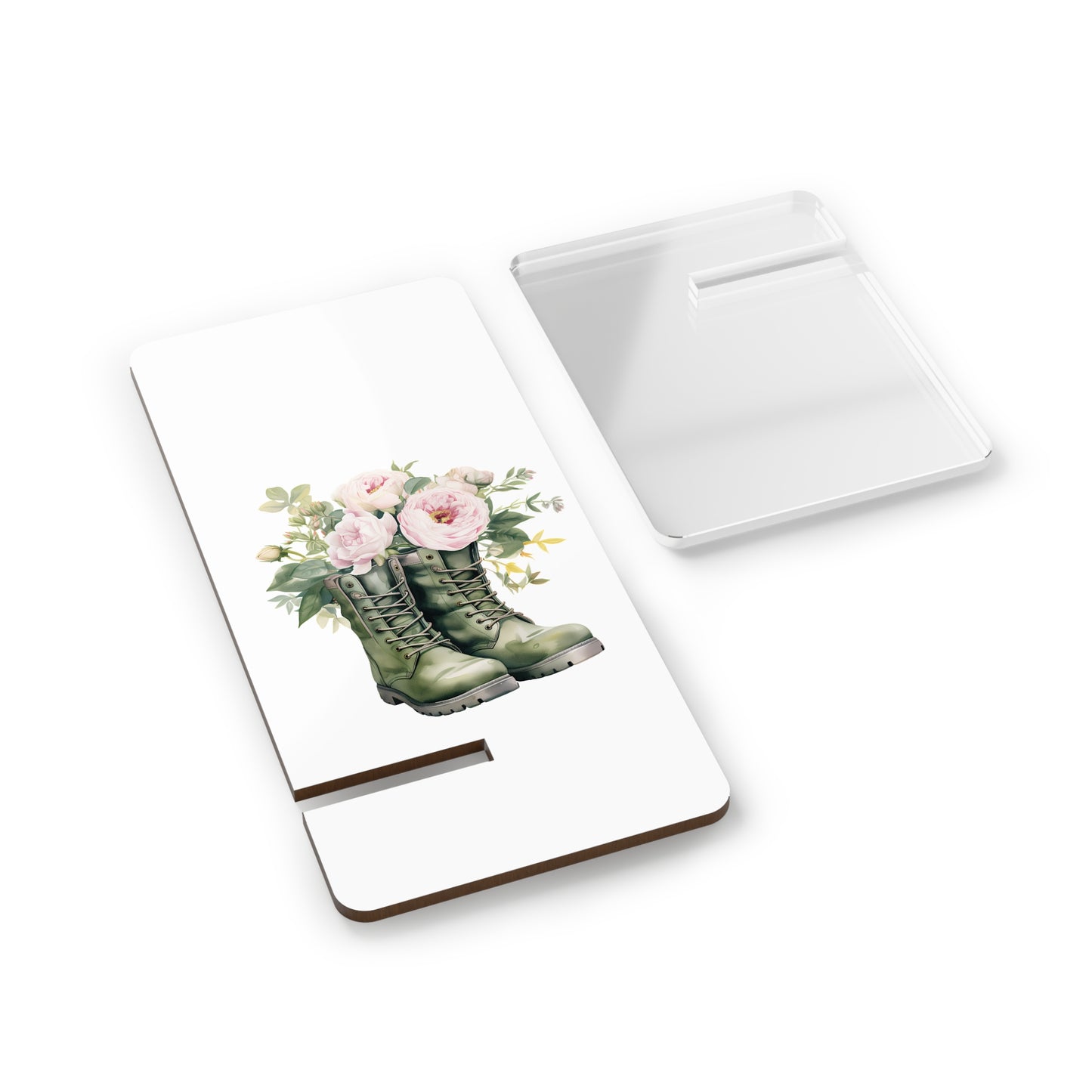 Floral Combat Boots Phone Stand — Foldable Acrylic Mobile Display