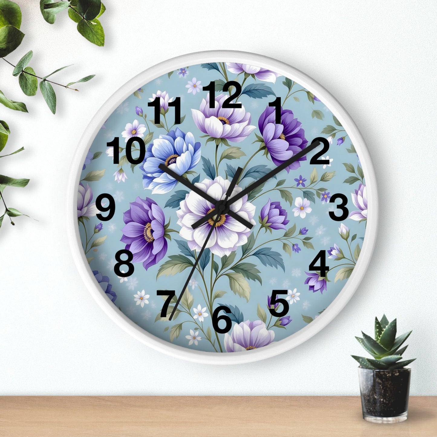 Floral Wall Clock — Vintage Purple & Blue Peony Garden Clock