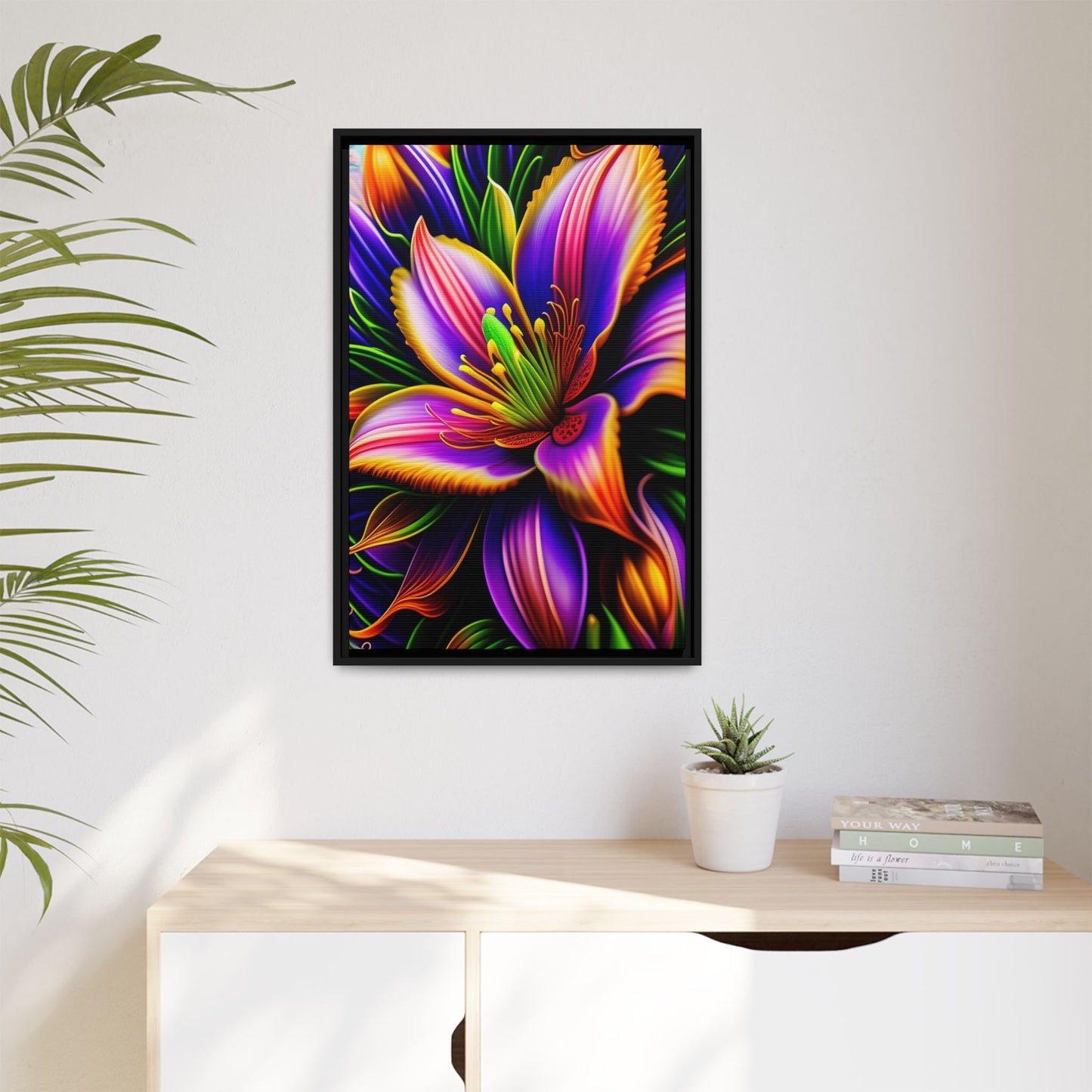 Vibrant Neon Floral Matte Canvas Print — Framed Wall Art