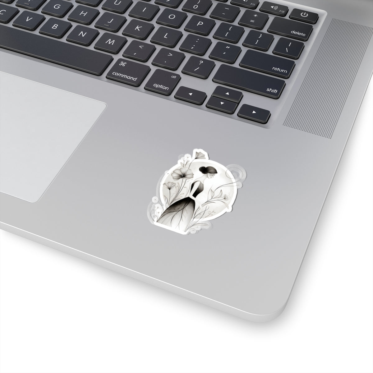Elegant Floral Girl Kiss-Cut Sticker — Monochrome Botanical Laptop Decal
