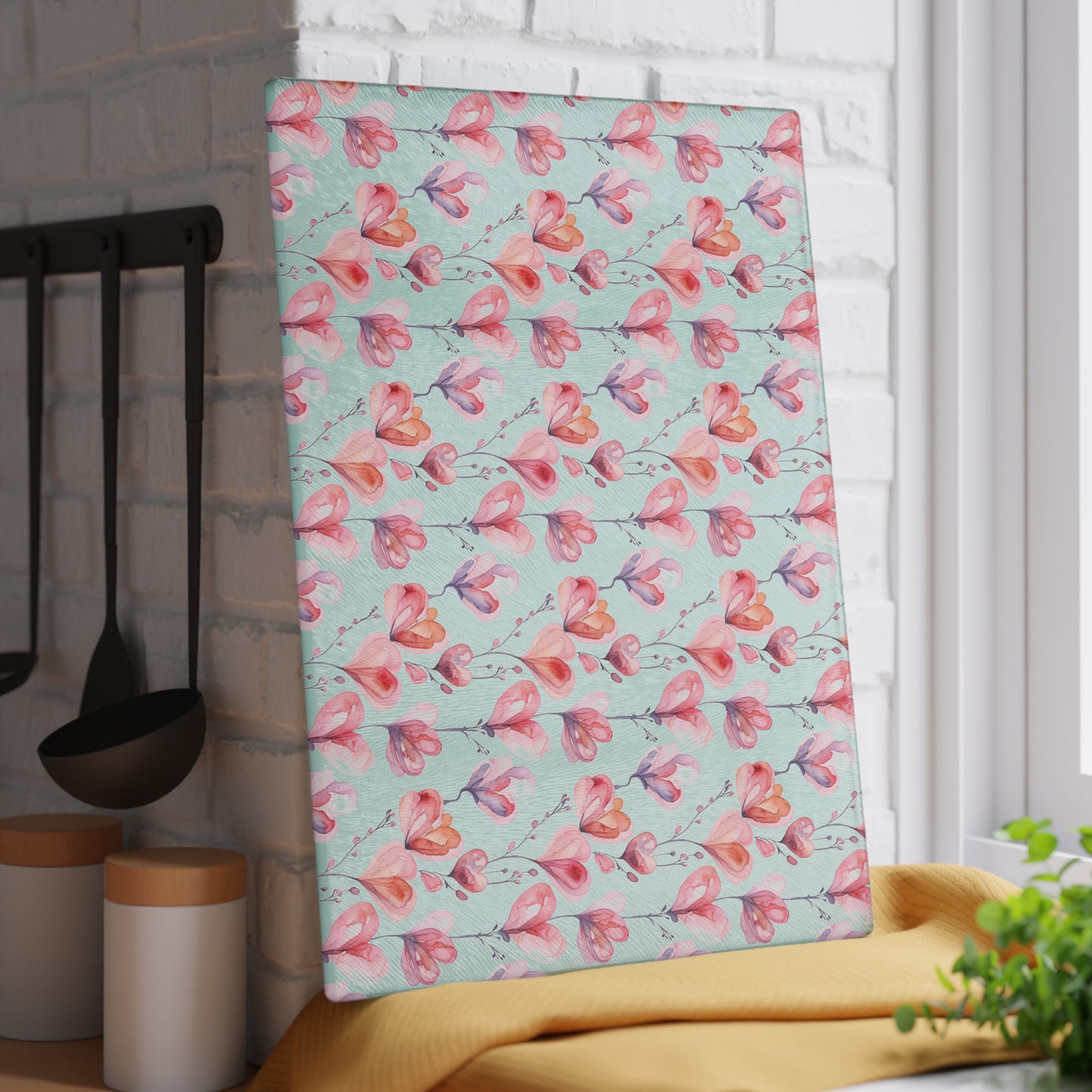 Floral Watercolor Glass Cutting Board — Pink Tulip Pattern