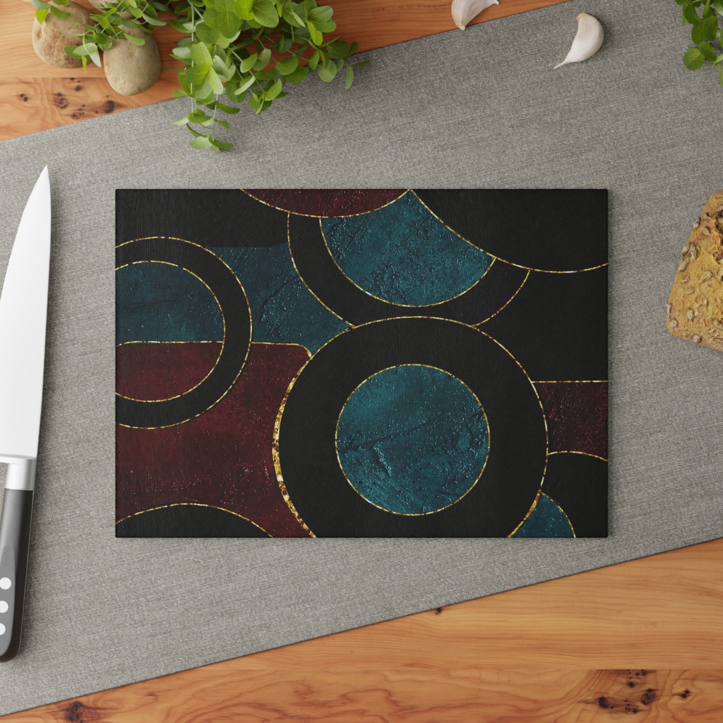 Geometric Circles Glass Cutting Board — Modern Teal & Burgundy Kitchen Decor
