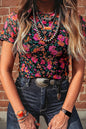 Rose Retro Floral Printed Mesh Short Sleeve Top