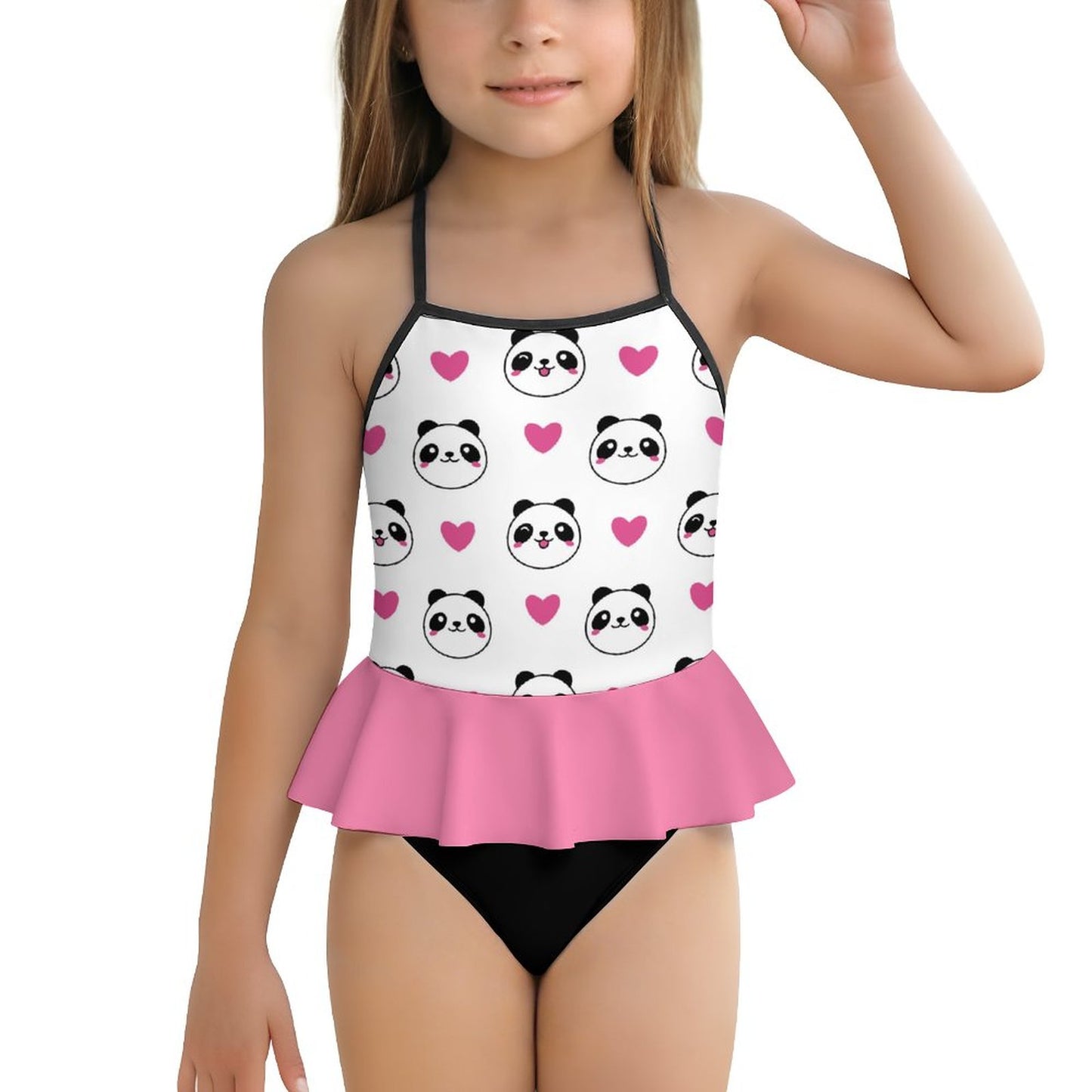 Girls One Piece Ruffle Strap Swimsuit Pink hearts and Panda