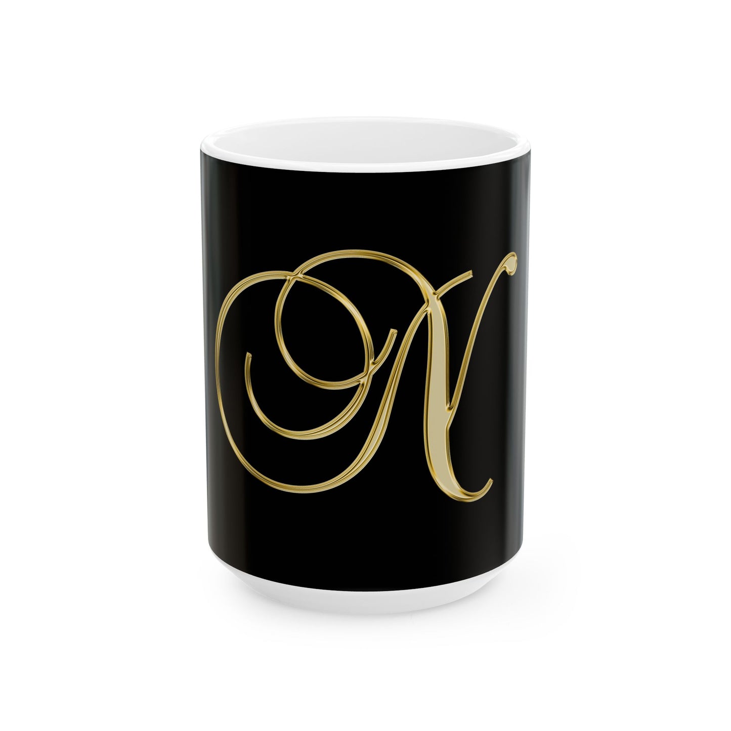 Gold Script Letter N Ceramic Mug — Elegant Monogram Coffee Cup (11oz, 15oz)