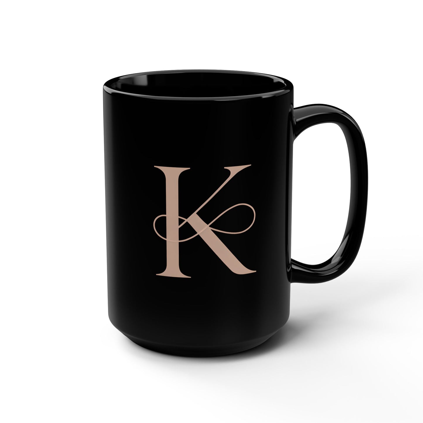 Monogram K Black Ceramic Mug – Elegant Rose Gold Initial Coffee Cup, 15oz