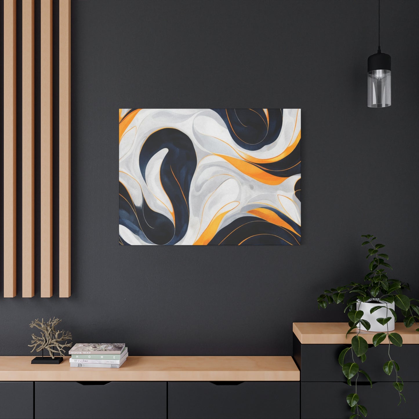 Abstract Fluid Art Matte Canvas Print — Navy, Gold & White Stretched Wall Art