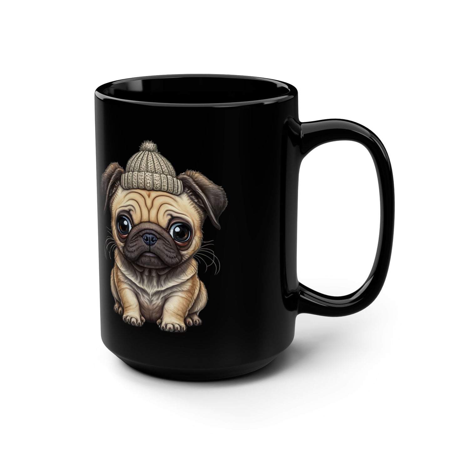 15oz Black Mug — Cute Pug Puppy with Beanie Coffee Mug