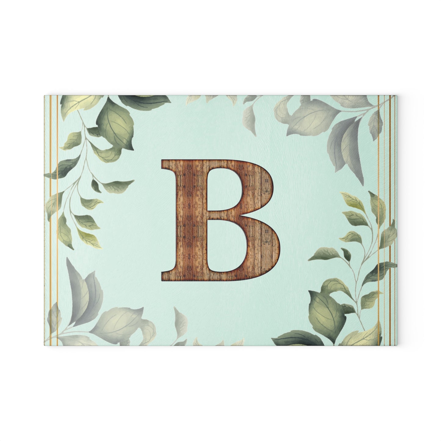 Monogram Glass Cutting Board - Botanical Initial "B" with Rustic Wood Letter