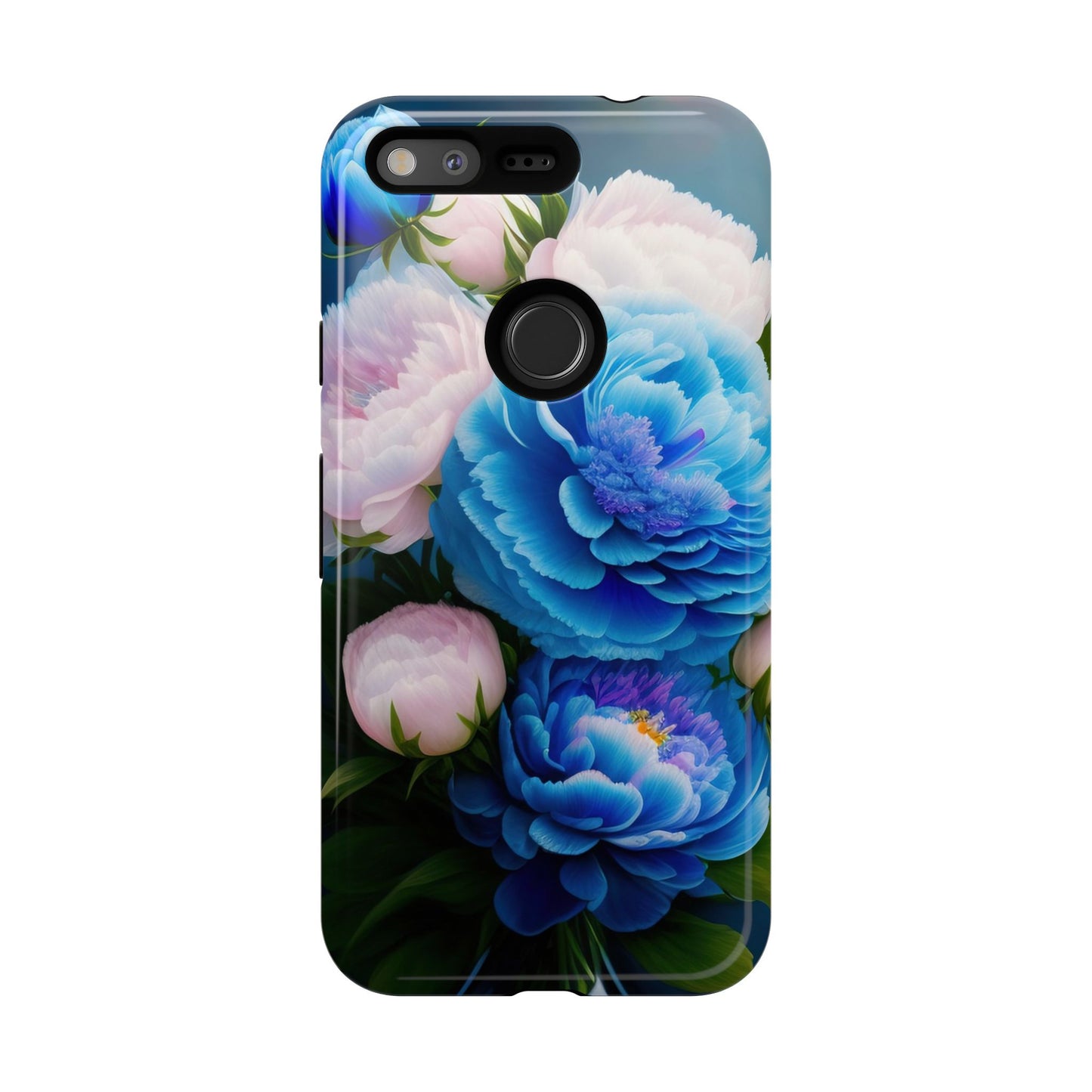 Floral Blue Peony Phone Case — Protective Tough Case with Pink & Blue Blooms