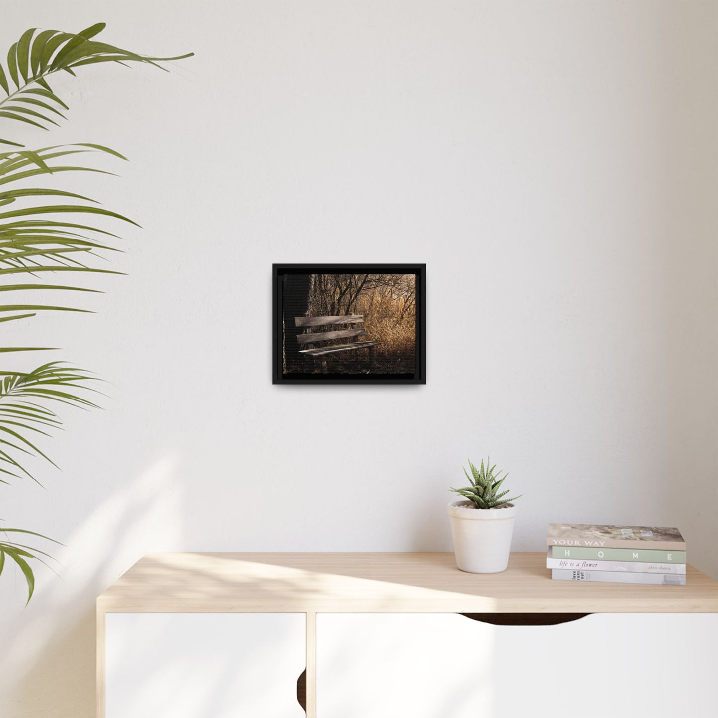 Framed Matte Canvas Print — Autumn Park Bench Photography