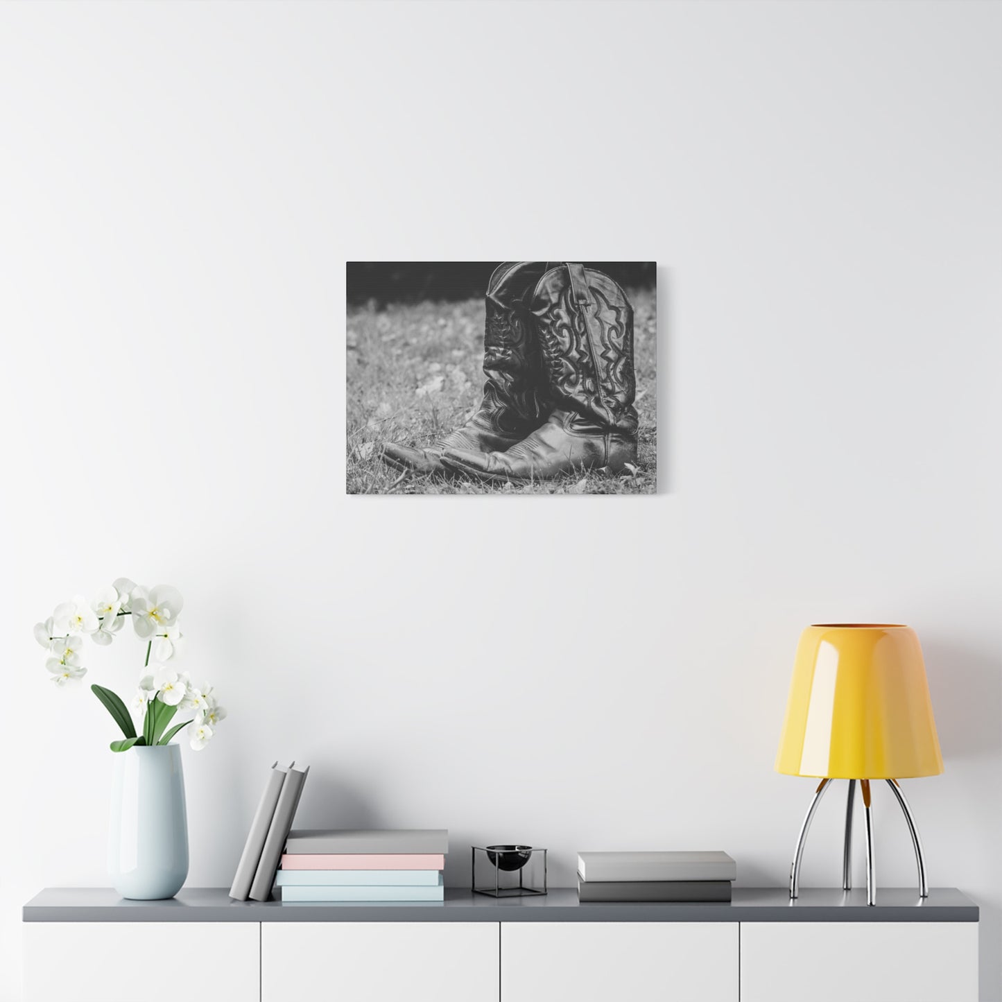 Western Cowboy Boots Matte Canvas Wall Art – Black & White Rustic Country Decor