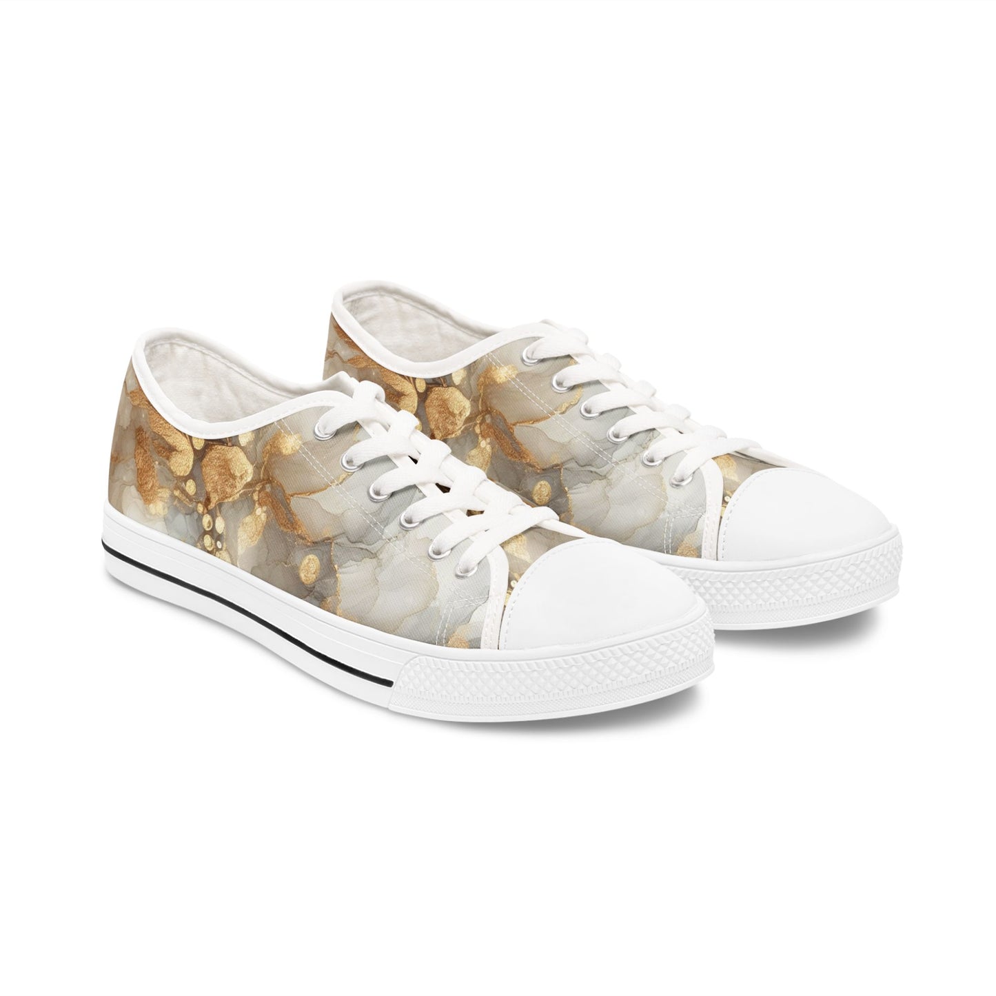 Gold Marble Women's Low Top Sneakers — Abstract Metallic Swirl Casual Shoes