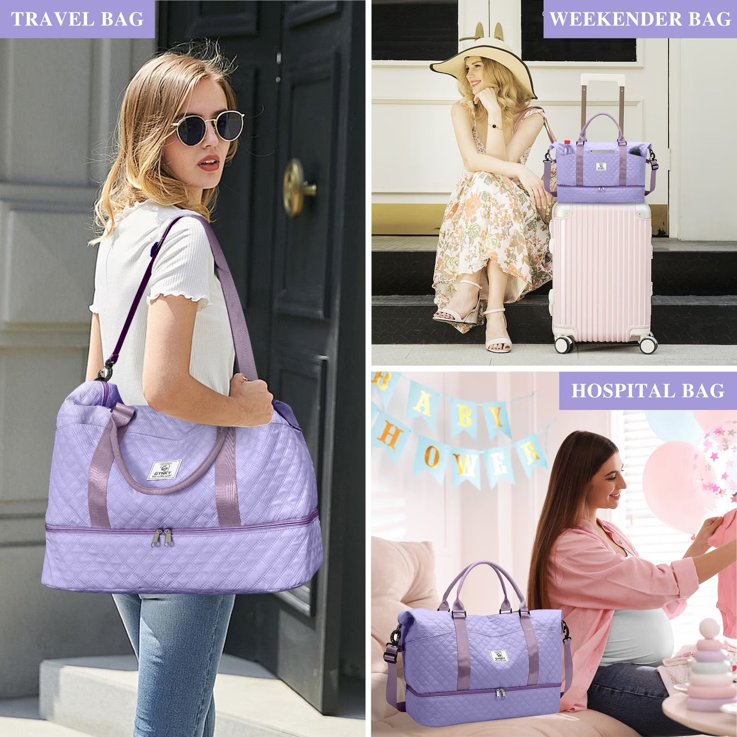 Gynky Travel Duffle Bag Weekender Bags for Women with Shoe Compartment Carry on Overnight Bag Gym Duffel Bag with Wet Pocket Hospital Bags for Labor and Delivery