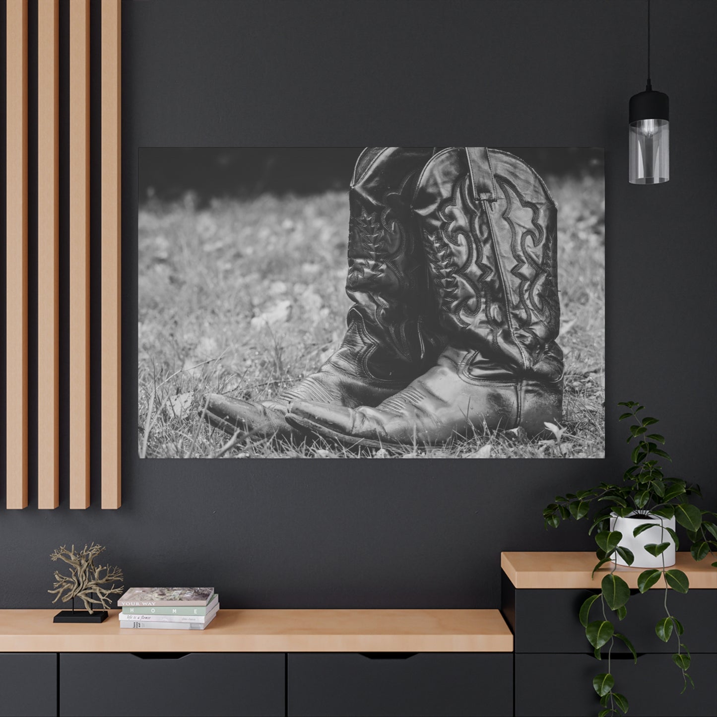 Western Cowboy Boots Matte Canvas Wall Art – Black & White Rustic Country Decor