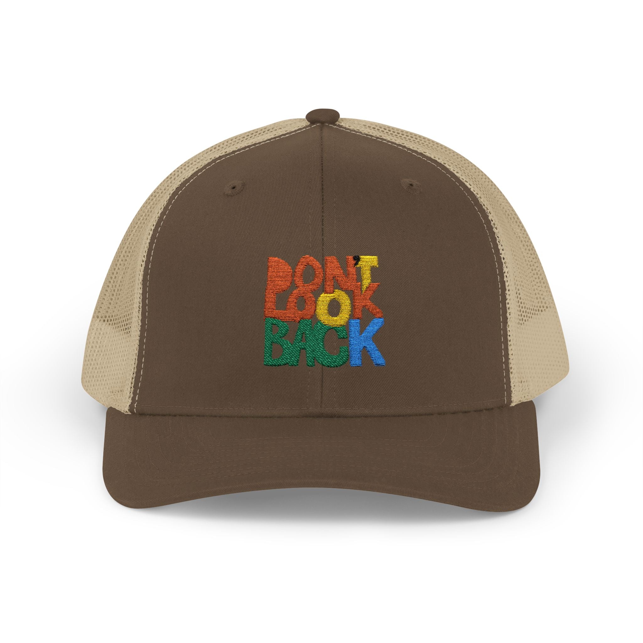 Don’t Look Back Snapback Trucker Cap — Retro Rainbow Embroidered Hat