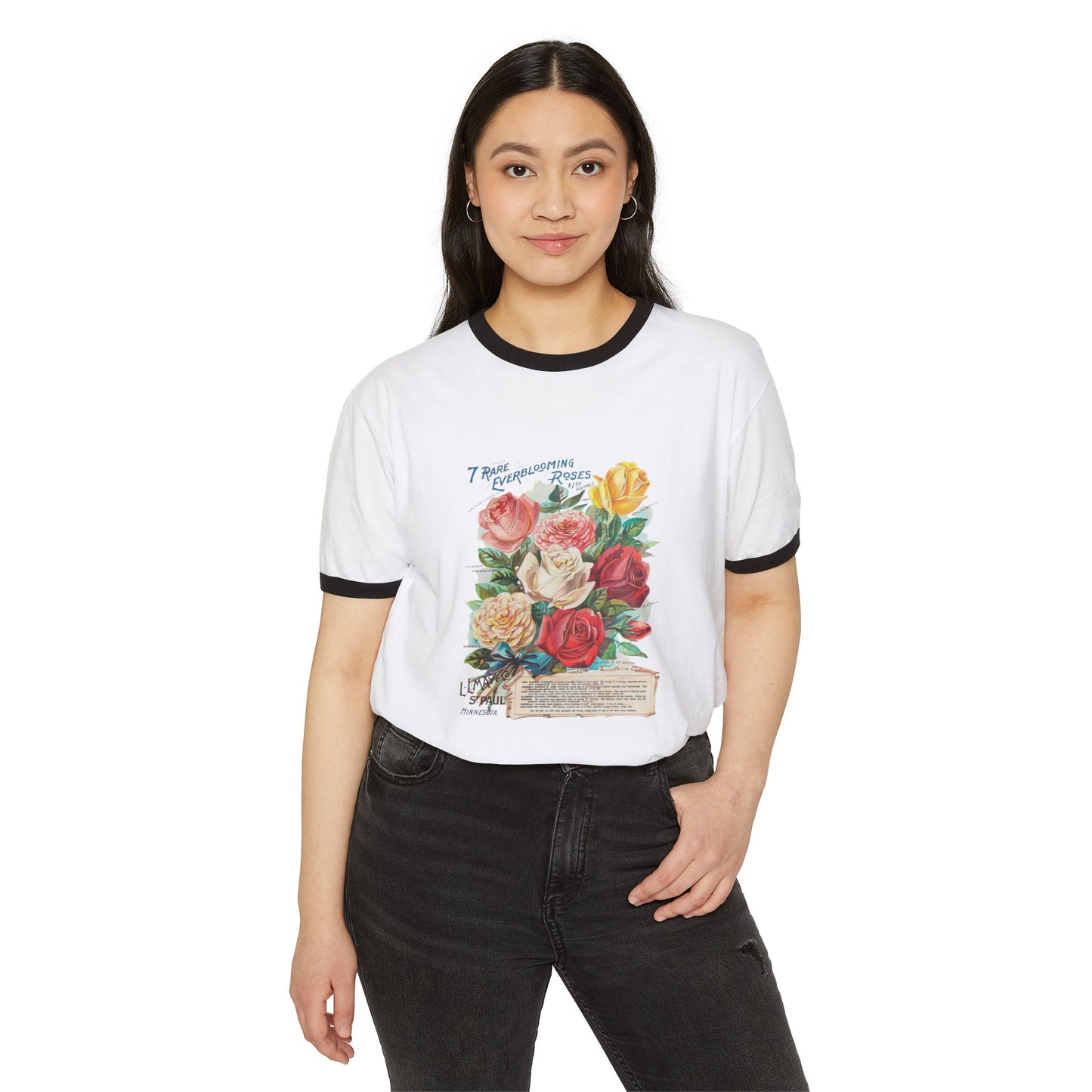 Ringer T-Shirt - Vintage Botanical Rose Bouquet (Includes Floral Text)