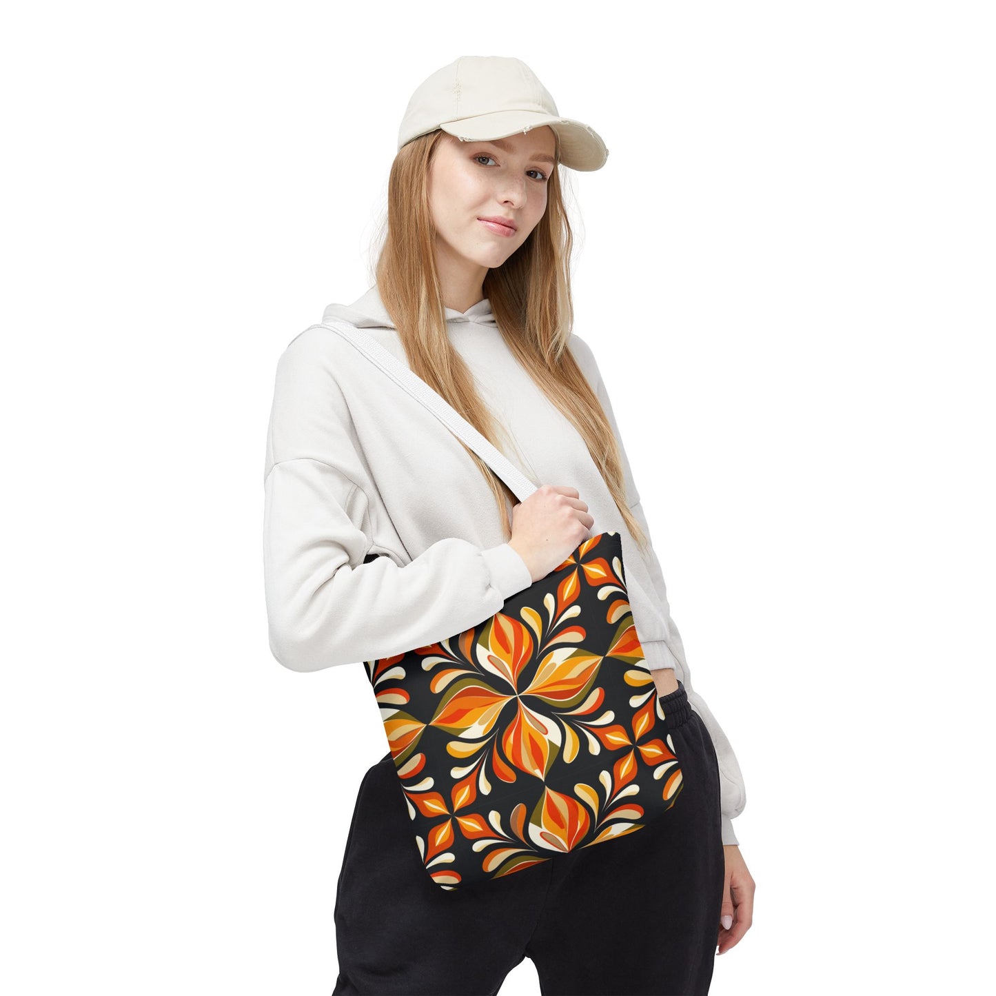 Retro Floral Tote Bag — Orange & Black Boho Pattern