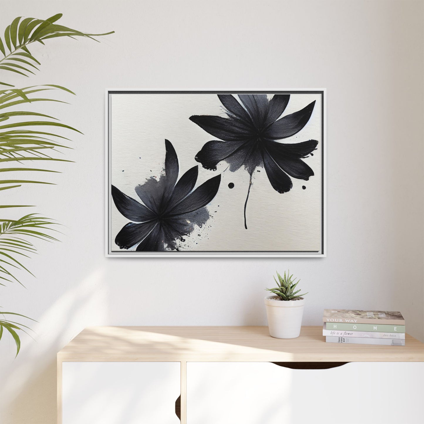 Framed Black Floral Matte Canvas Wall Art — Monochrome Botanical Print