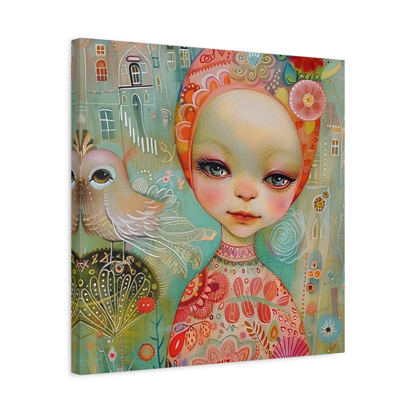 Whimsical Girl & Bird Matte Canvas Wall Art — Stretched Decorative Painting