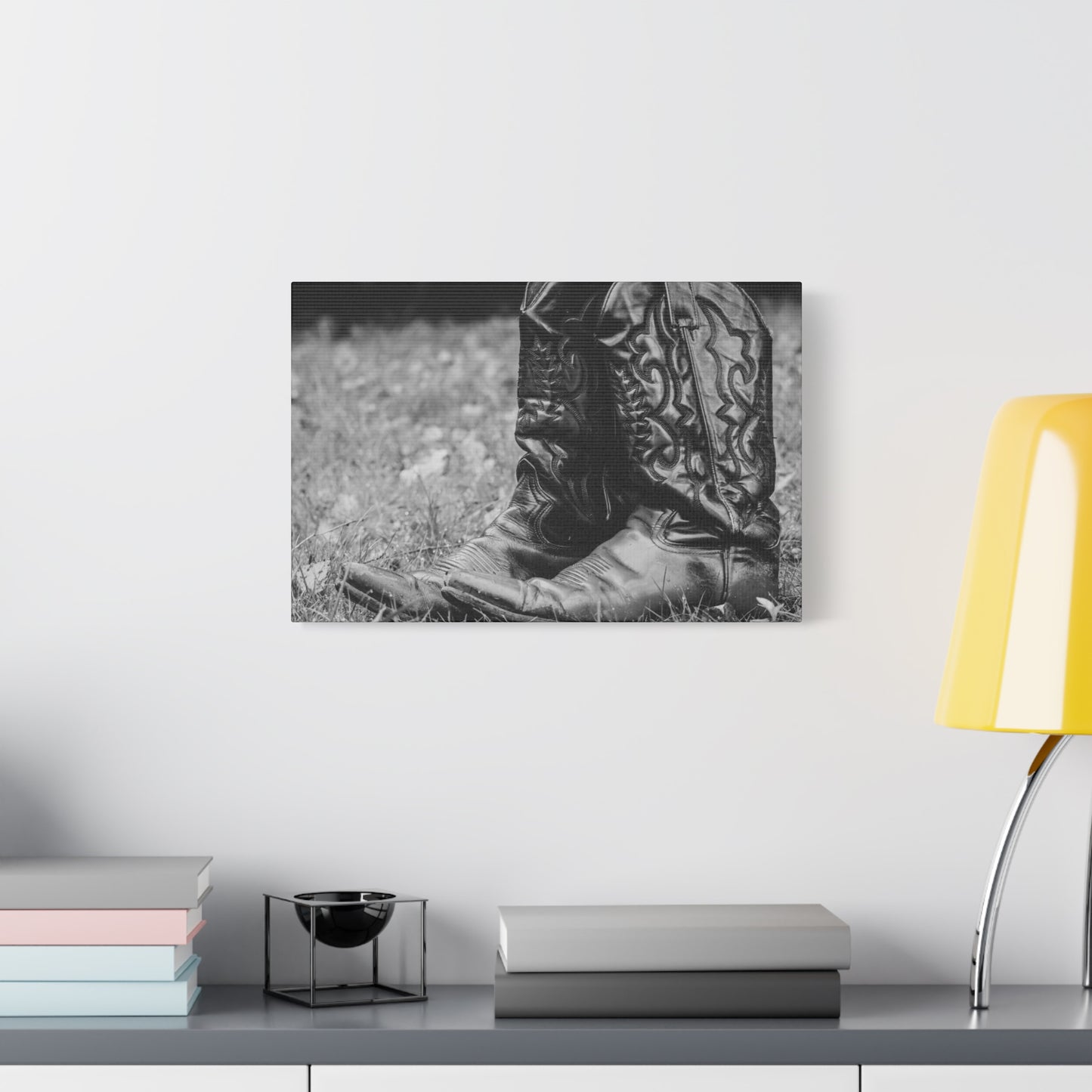Western Cowboy Boots Matte Canvas Wall Art – Black & White Rustic Country Decor