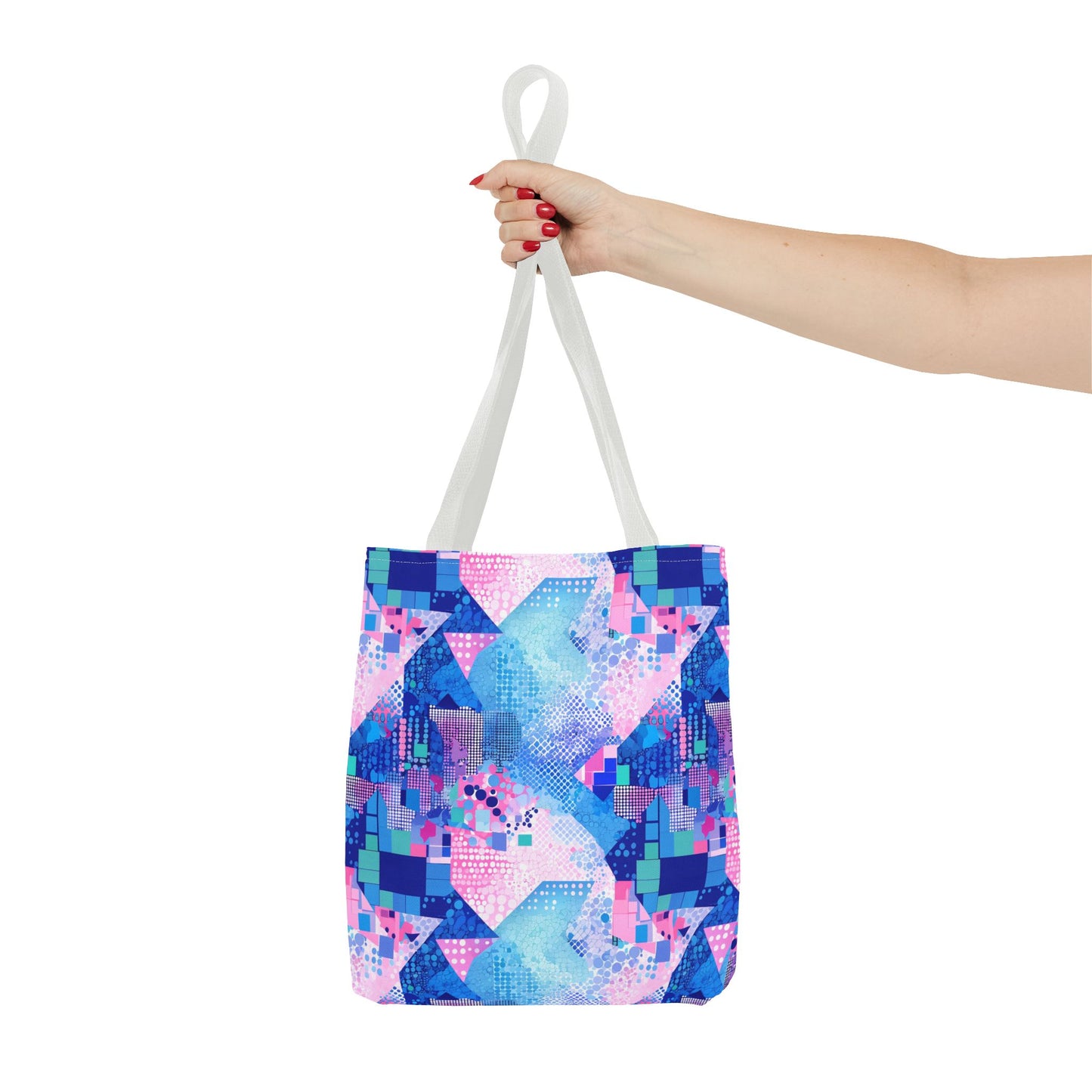 Abstract Blue Pink Geometric Tote Bag — Colorful Patterned All-Over Print Tote