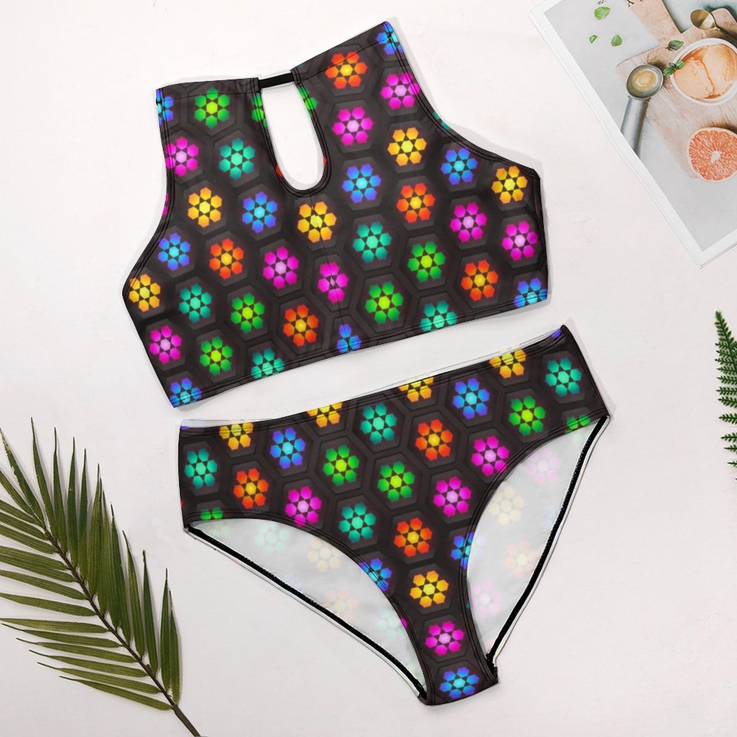 Women's Two piece Swimsuit with High Neck Halter Top Colorful Daisies