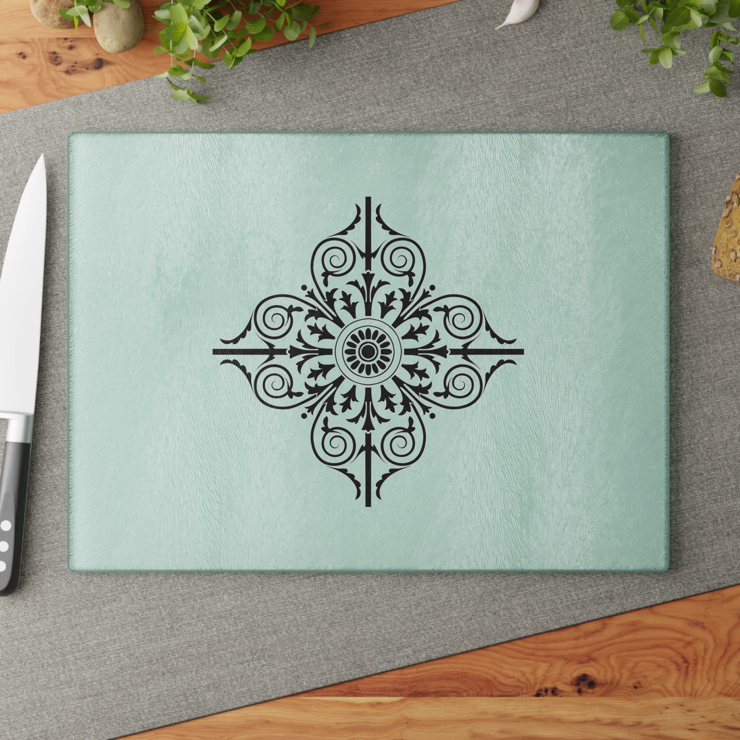 Mint Floral Medallion Glass Cutting Board — Decorative Kitchen Prep Board