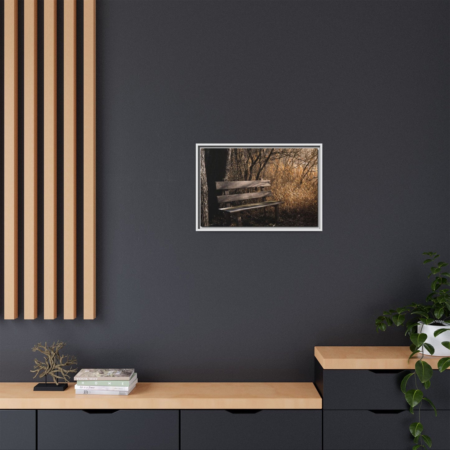 Framed Matte Canvas Print — Autumn Park Bench Photography