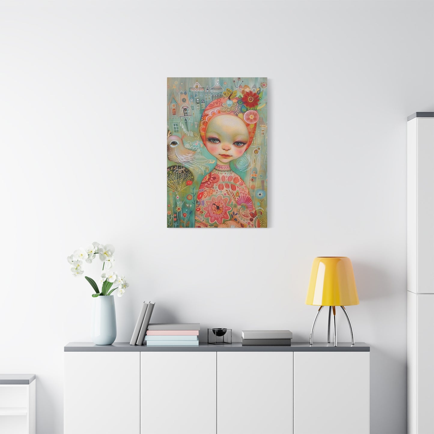 Whimsical Girl & Bird Matte Canvas Wall Art — Stretched Decorative Painting